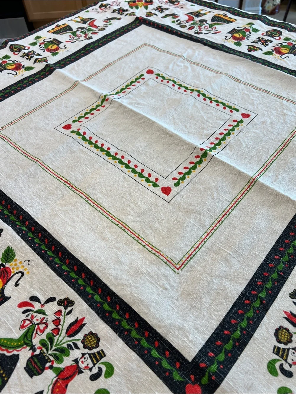 Vintage Pennsylvania Dutch Folk Art Card Tablecloth 48x48 Linen